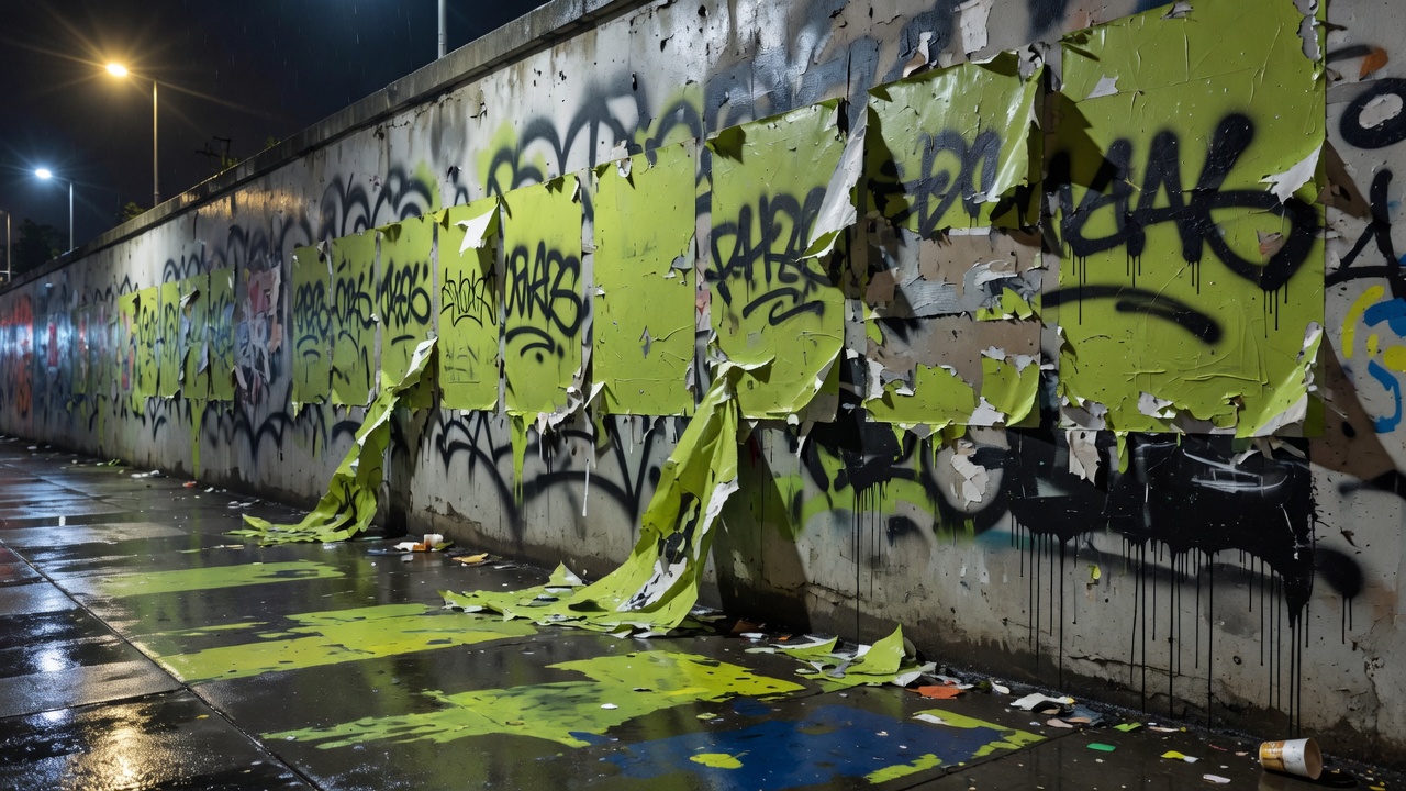 Night street wall with torn lime wheatpaste posters